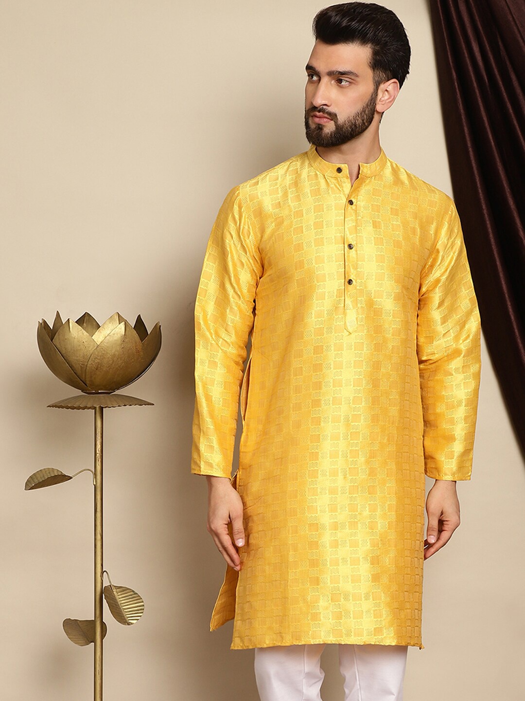 

Anouk Yellow Geometric Woven Design Band Collar Jaquard Silk Straight Kurta