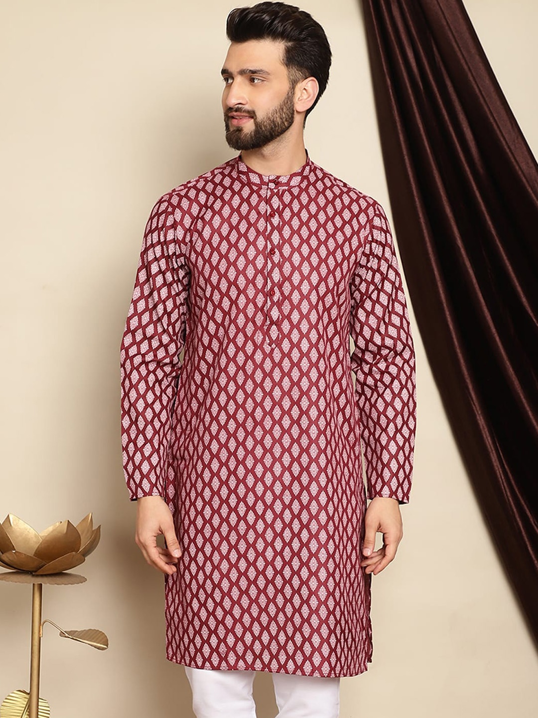 

Anouk Maroon Ethnic Motifs Printed Band Collar Straight Cotton Linen Kurta