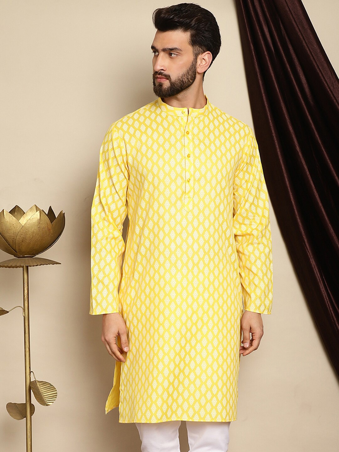Anouk Yellow Ethnic Motifs Printed Band Collar Kurta