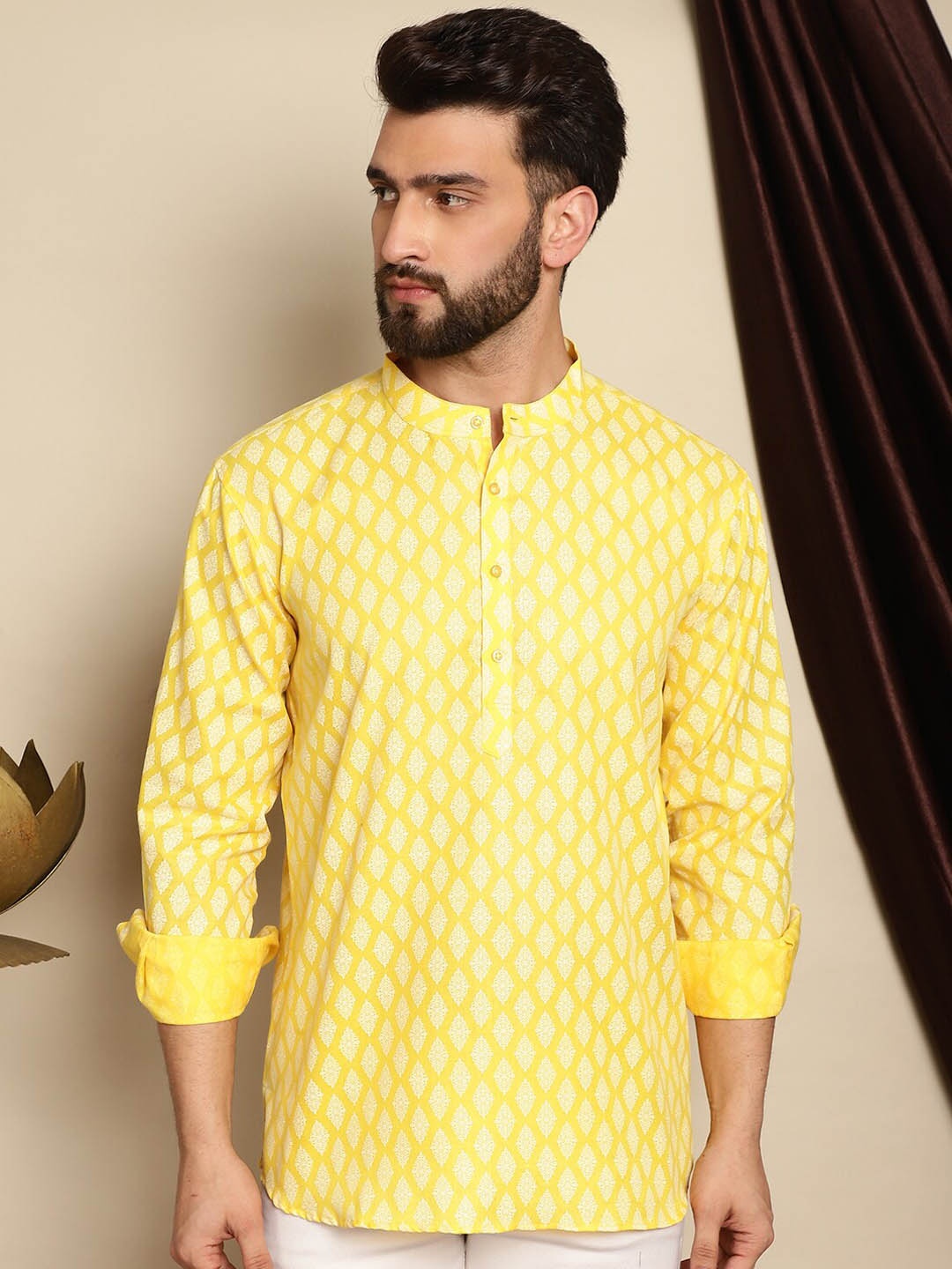 

Anouk Floral Printed Long Sleeves Cotton Patchwork Short Kurta, Yellow