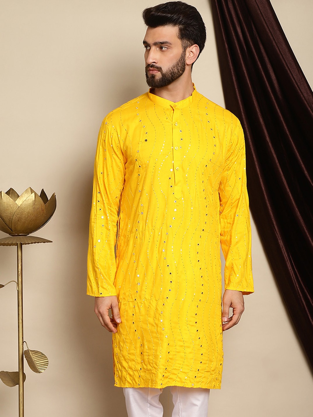 

Anouk Long Sleeves Shirt Collar Cotton Thread Work Kurta, Mustard