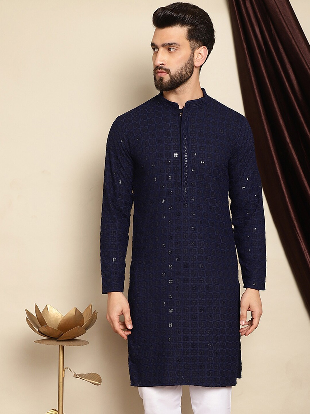 

Anouk Navy Blue Ethnic Motifs Embroidered Sequinned Mandarin Collar Pure Cotton Kurta