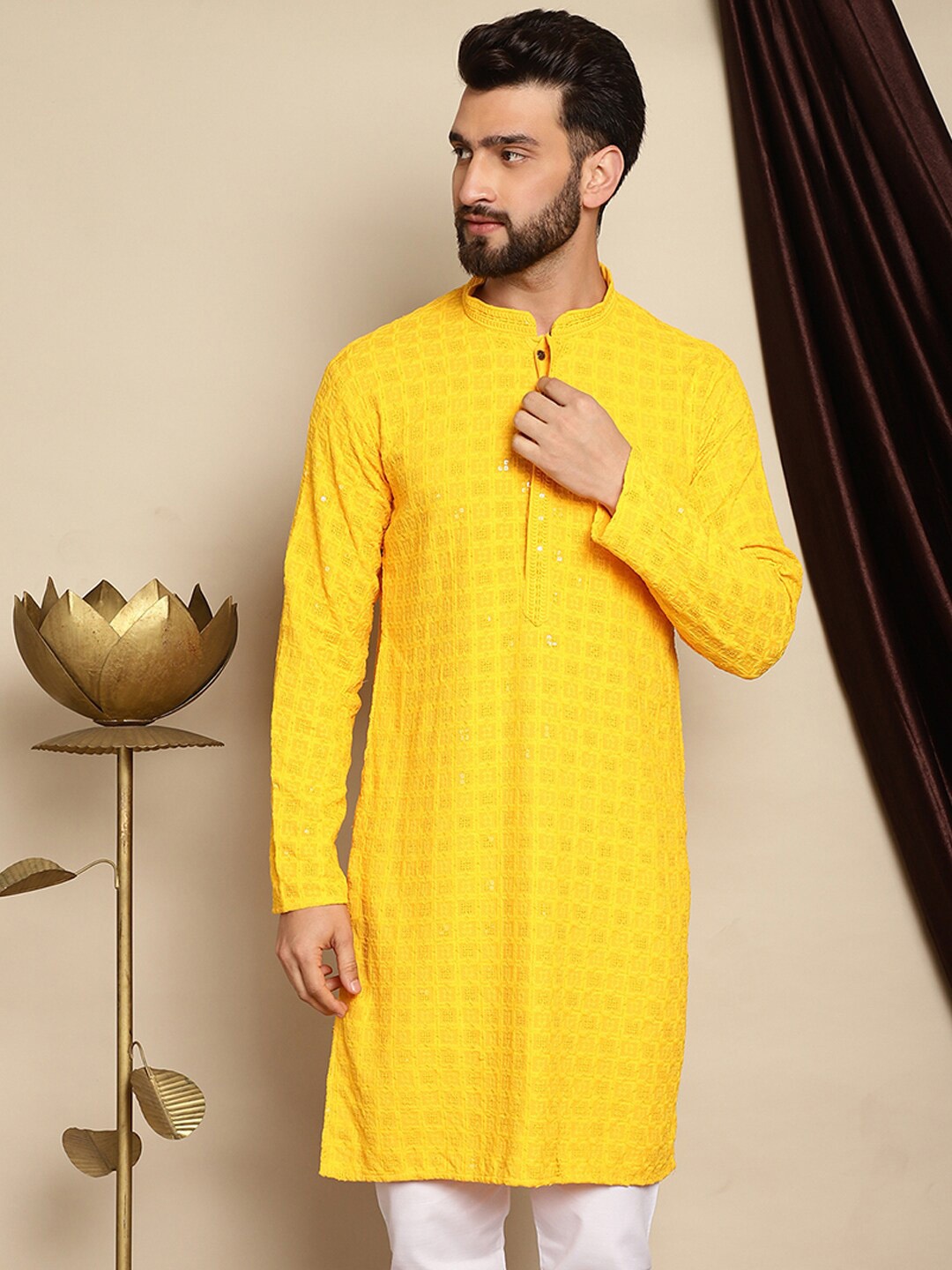 

Anouk Ethnic Motifs Embroidered Sequinned Pure Cotton Kurta, Mustard