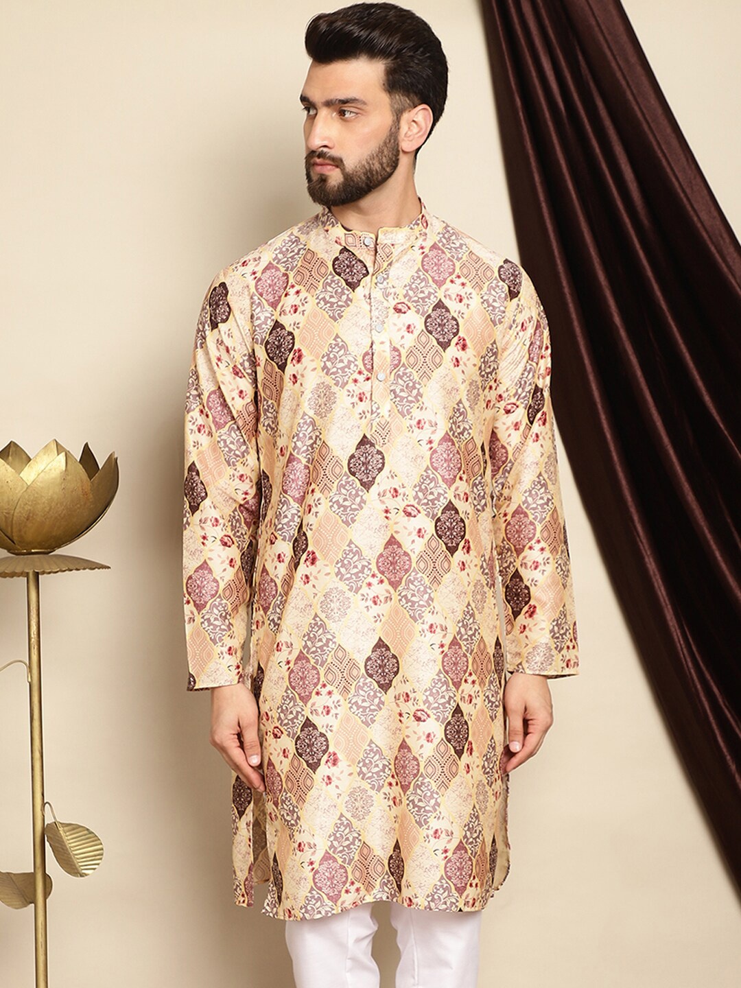 

Anouk Ethnic Motifs Printed Mandarin Collar Straight Kurta, Beige