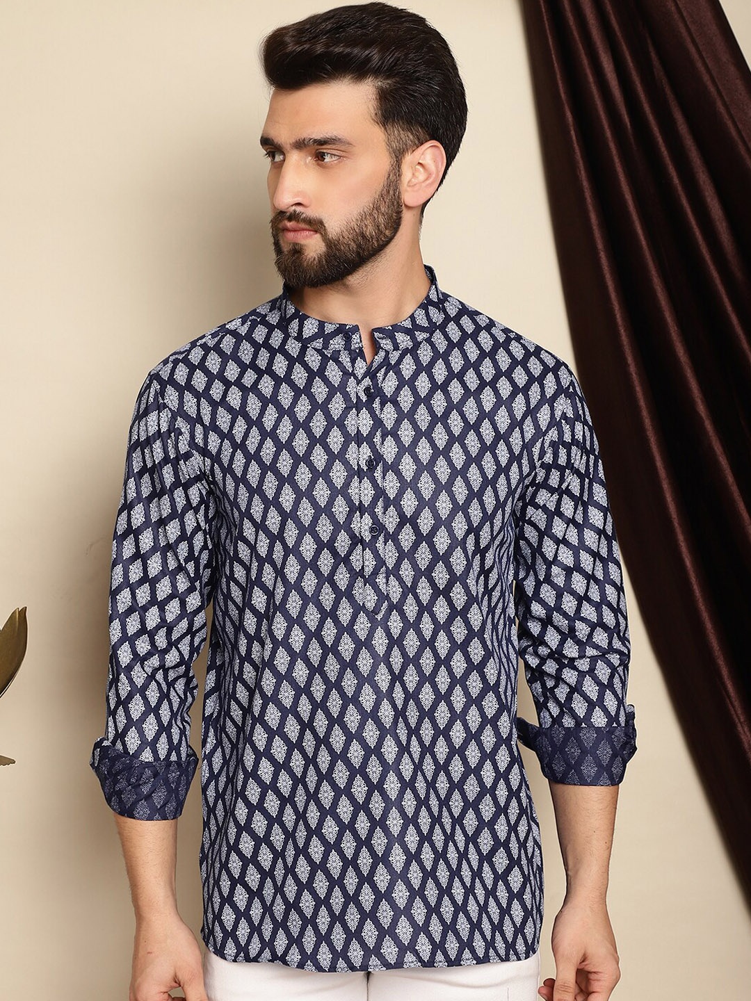 

Anouk Navy Blue Ethnic Motifs Printed Band Collar Short Kurta
