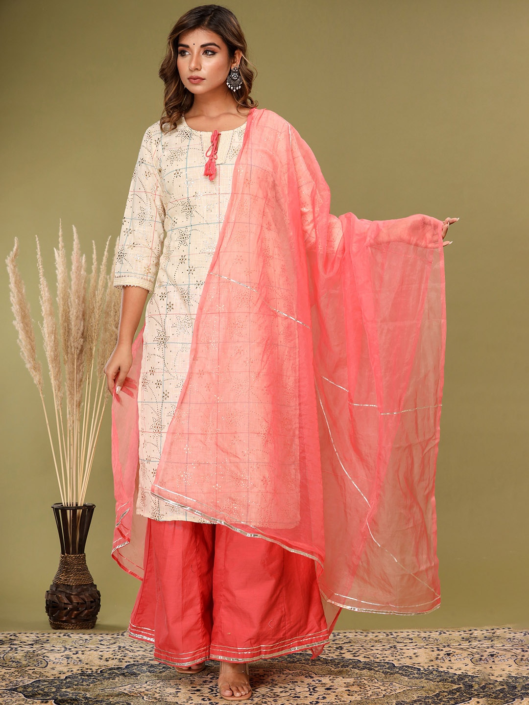 

Chandbaali Bandhani Printed Round Neck Pure Cotton Kurta with Sharara & Dupatta, Off white