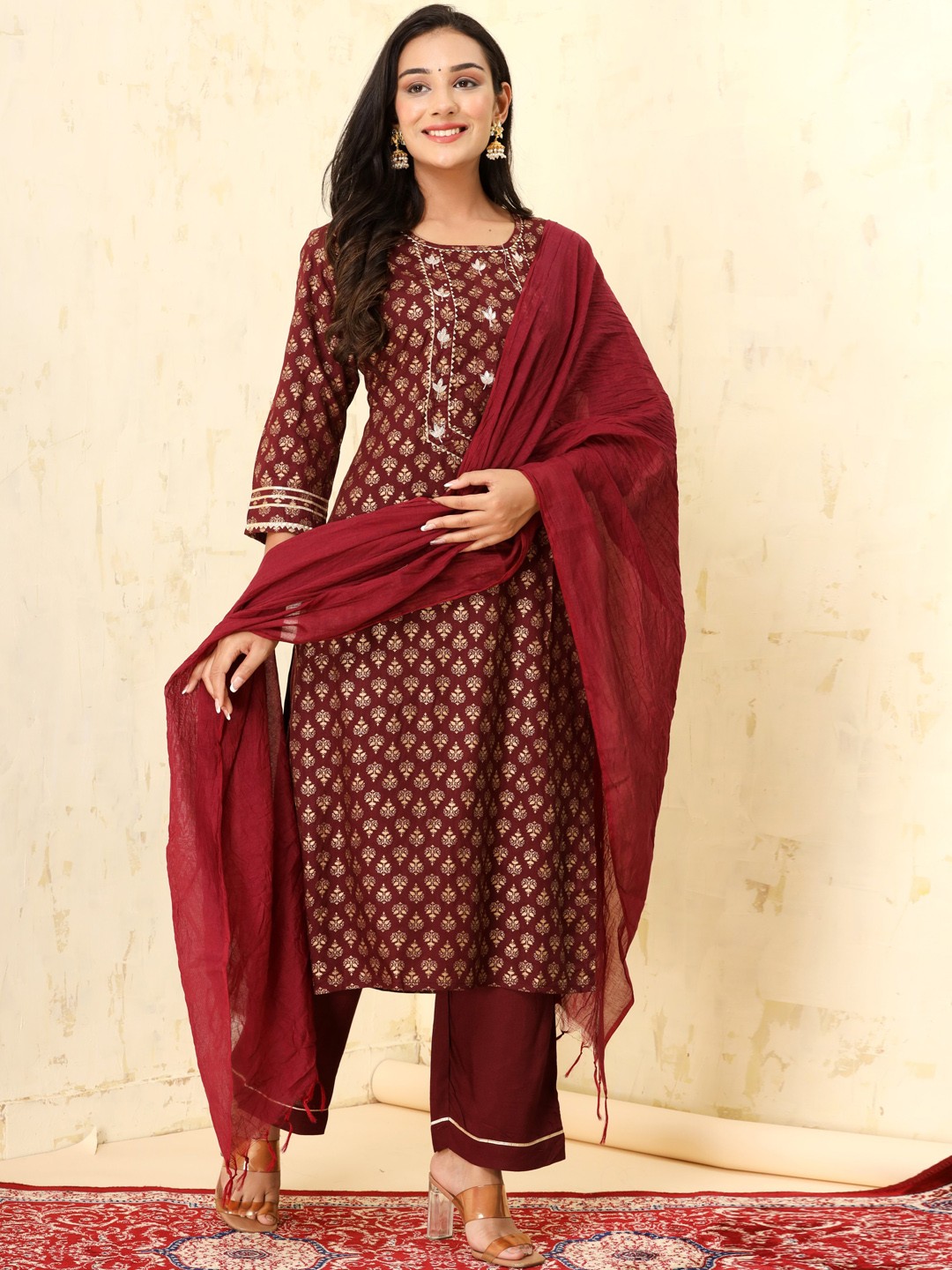 

Chandbaali Ethnic Motifs Printed Gotta Patti Pure Cotton Kurta with Palazzos & Dupatta, Maroon