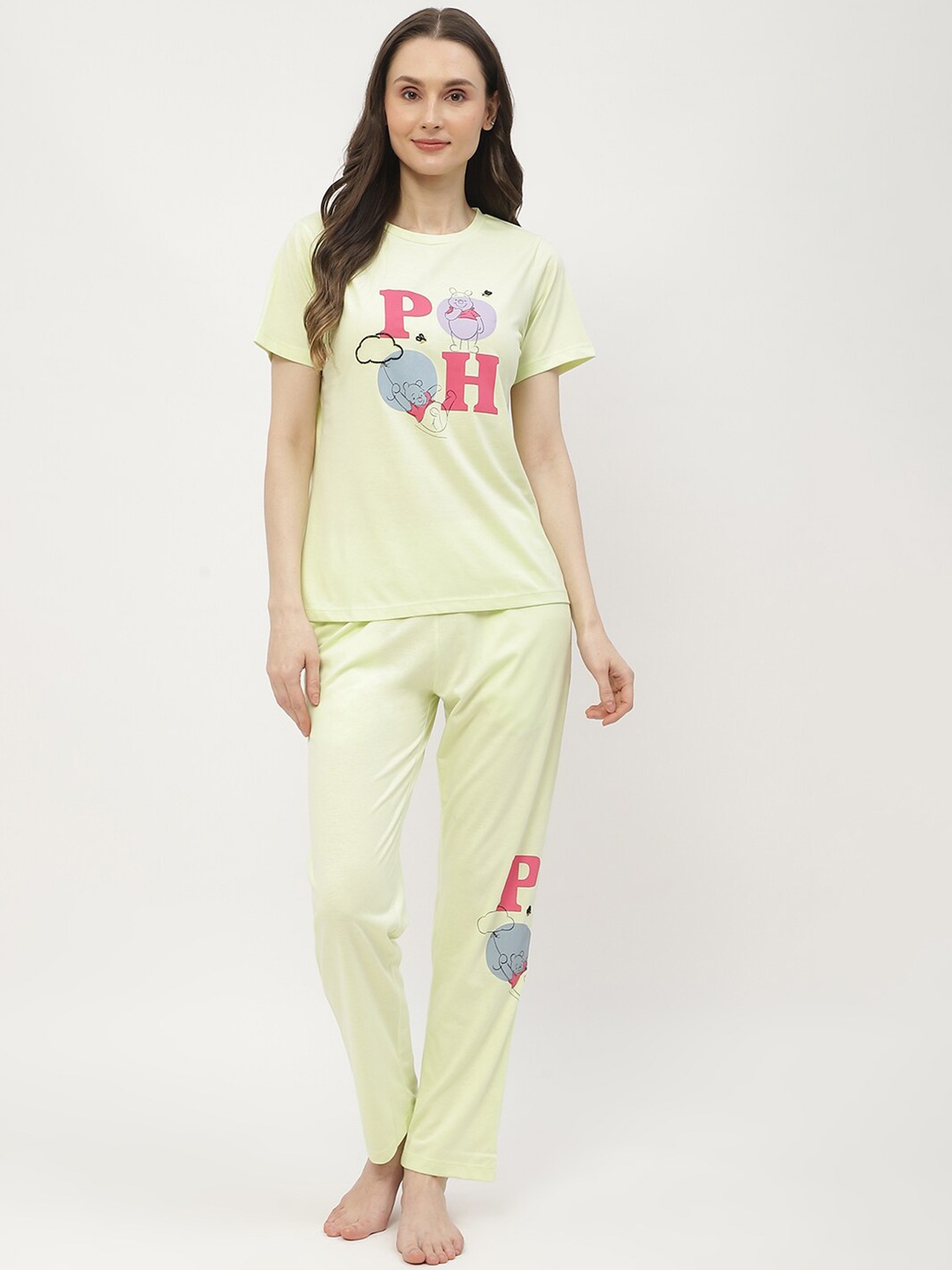 

MADAME M SECRET Typography Printed T-shirt With Pyjamas, Green