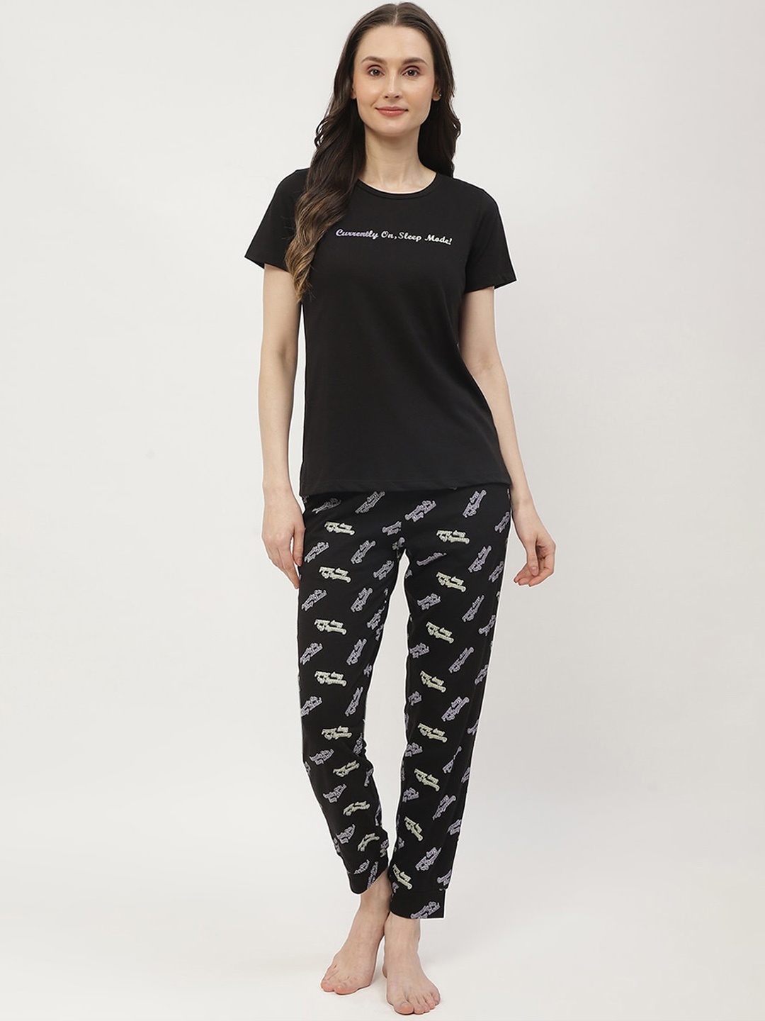

MADAME M SECRET Typography Printed T-shirt With Pyjamas, Black