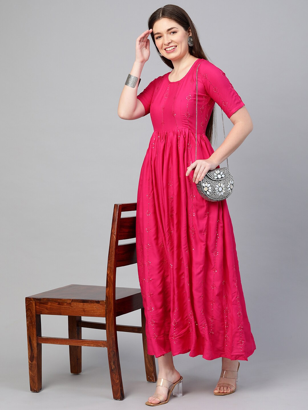 

Swishchick Floral Embroidered Gathered Midi A-Line Dress, Pink