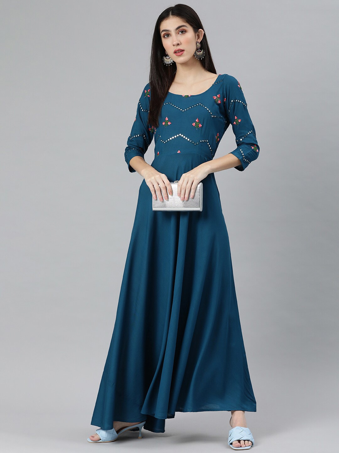 

Swishchick Embroidered yoke Fit & Flare Dress, Teal