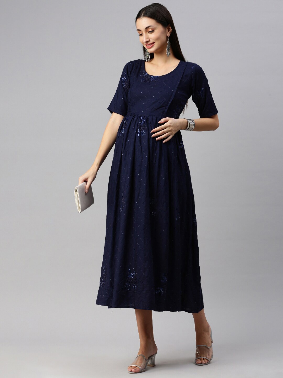 

Swishchick Floral Embroidered Sequined Midi Maternity A-Line Dress, Blue