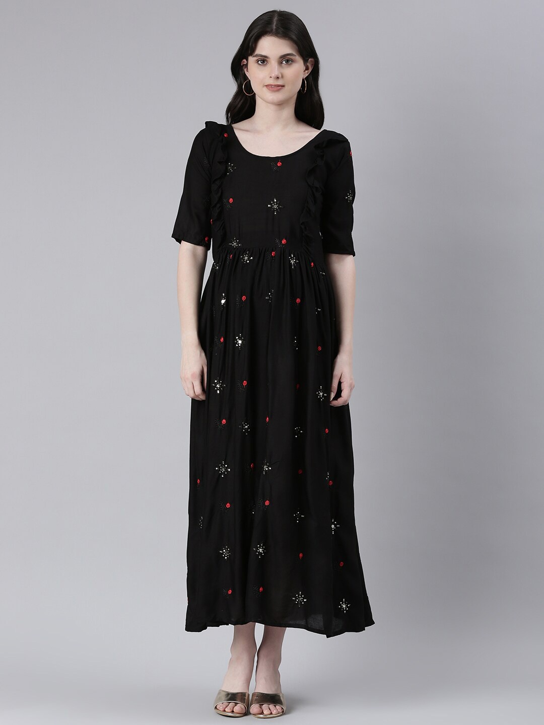 

Swishchick Ethnic Motifs Embroidered Sequined Maxi Maternity Dress, Black