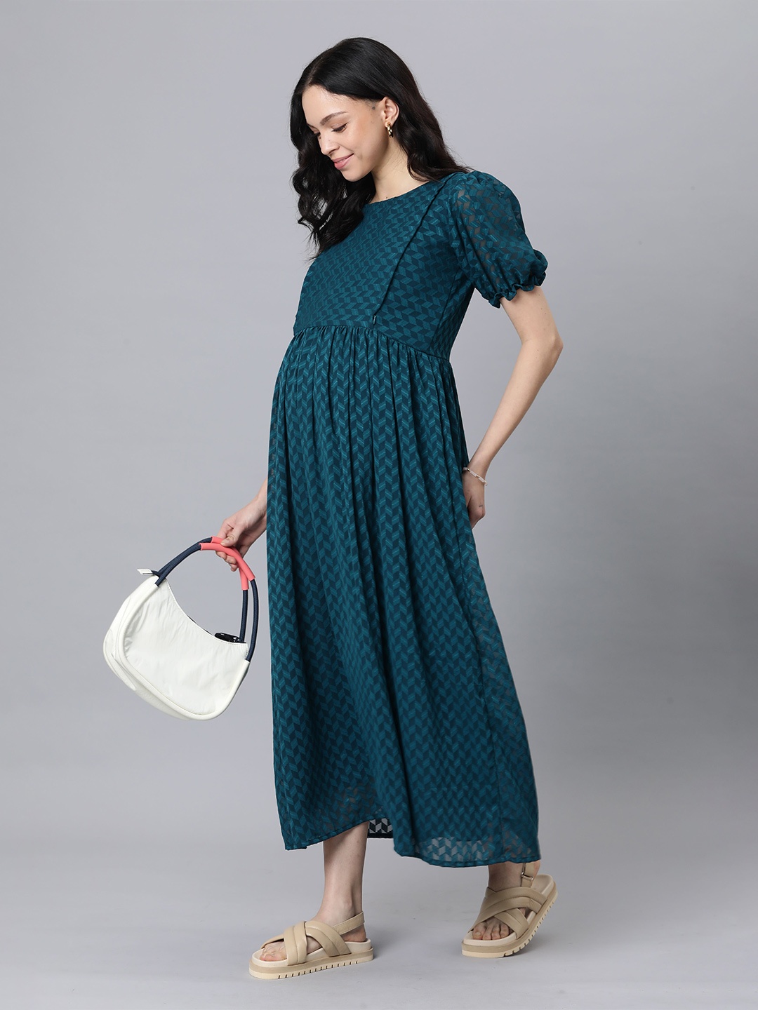 

Swishchick Geometric Printed Gathered Georgette Maxi A-Line Maternity Dress, Teal