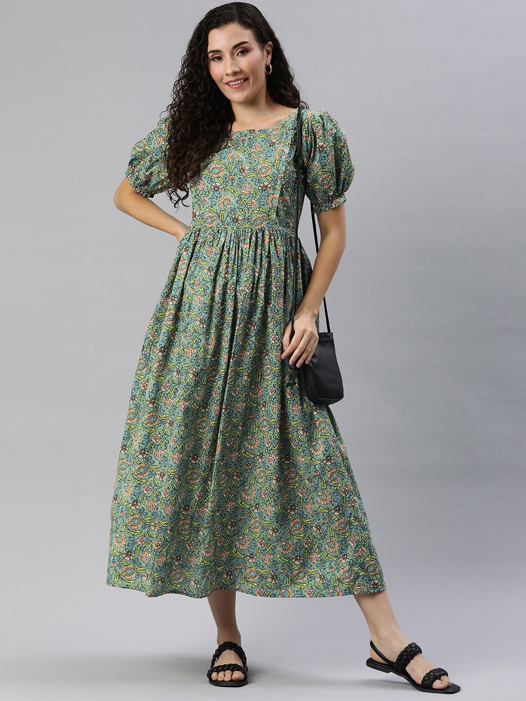 

Swishchick Floral Printed Puff Sleeve Cotton Midi Fit & Flare Maternity Dress, Green