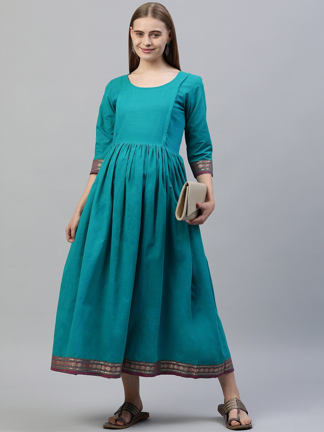 

Swishchick Round Neck Gathered Cotton Midi A-Line Maternity Dress, Blue
