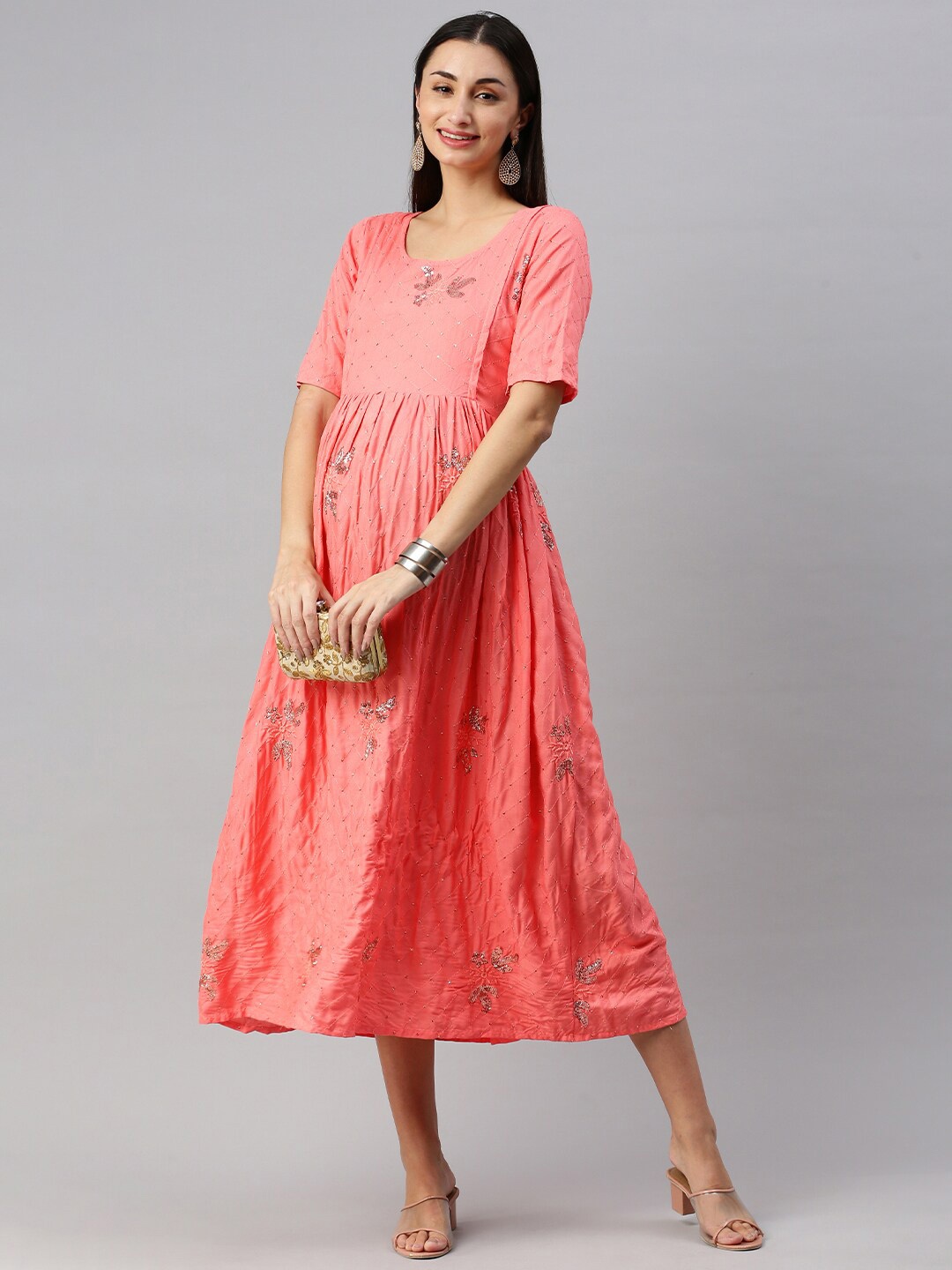 

Swishchick Floral Embroidered Gathered Midi A-Line Maternity Dress, Peach