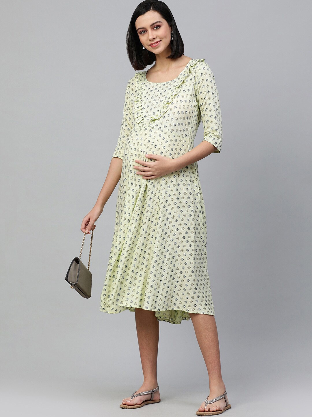 

Swishchick Floral Printed Liva Fit and Flare Midi Dress, Green