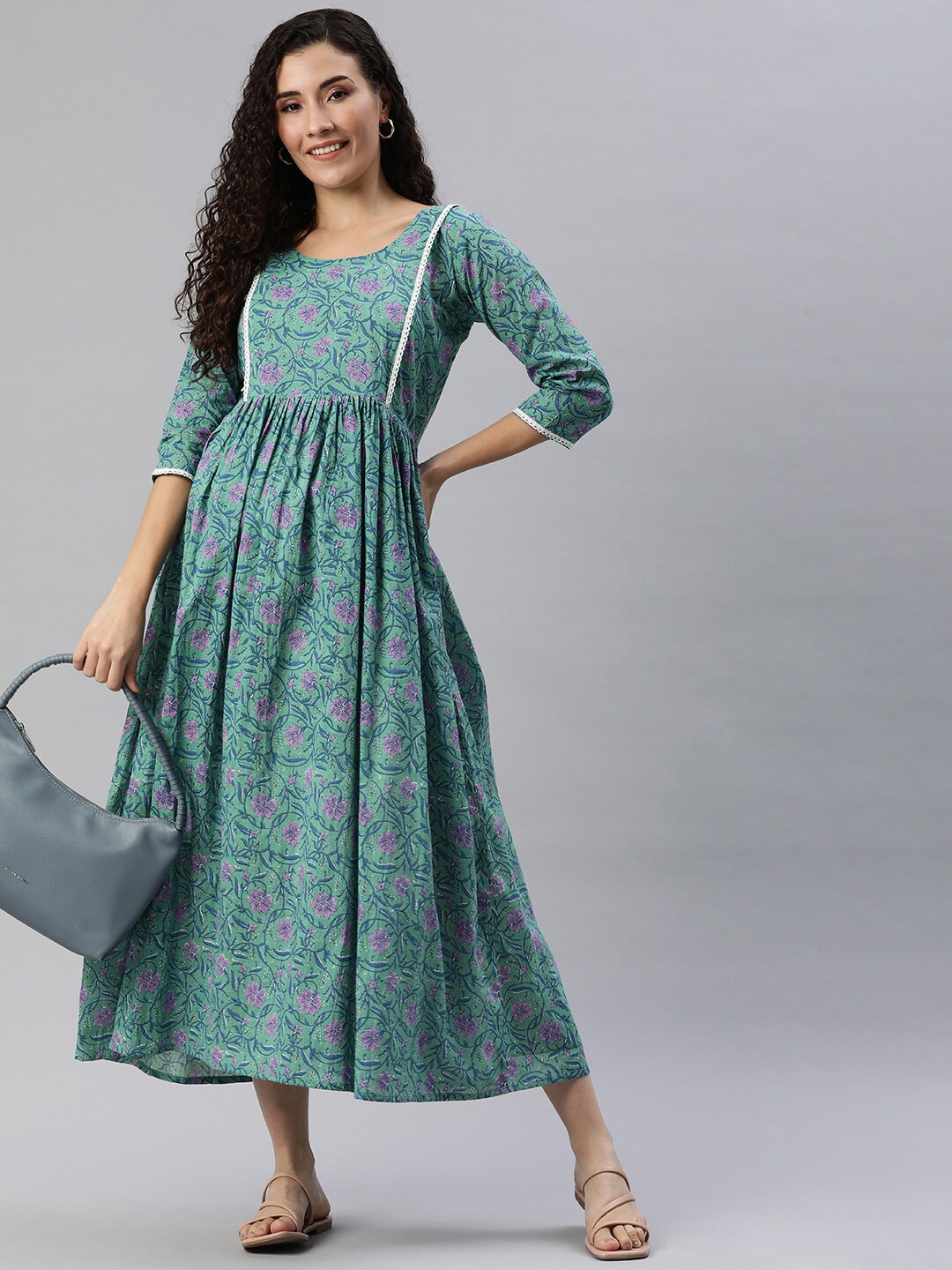 

Swishchick Floral Printed Cotton Midi Fit & Flare Maternity Dress, Green