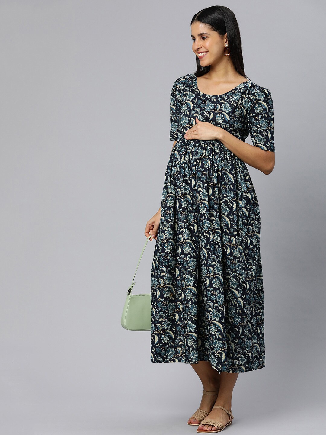 

Swishchick Floral Print Cotton Empire Maternity Dress, Blue