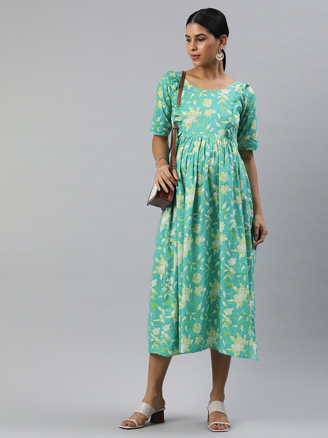 

Swishchick Floral Printed Round Neck Maternity Cotton Fit & Flare Dress, Sea green