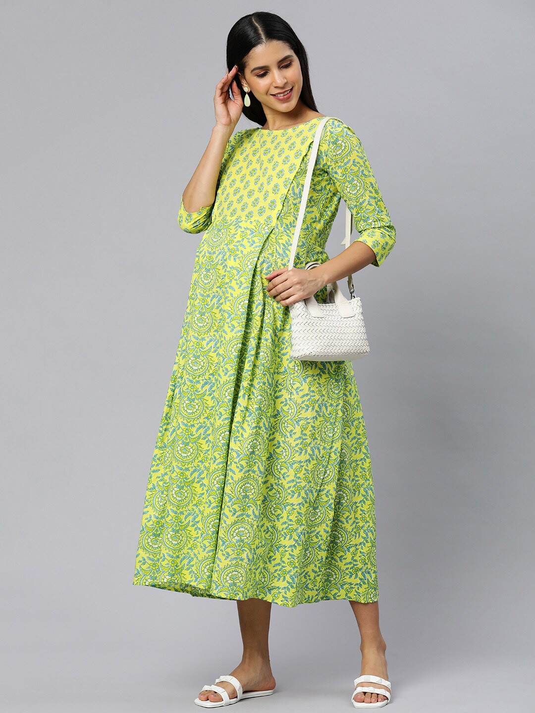 

Swishchick Floral Print Fit and Flare Midi Cotton Maternity Dress, Yellow