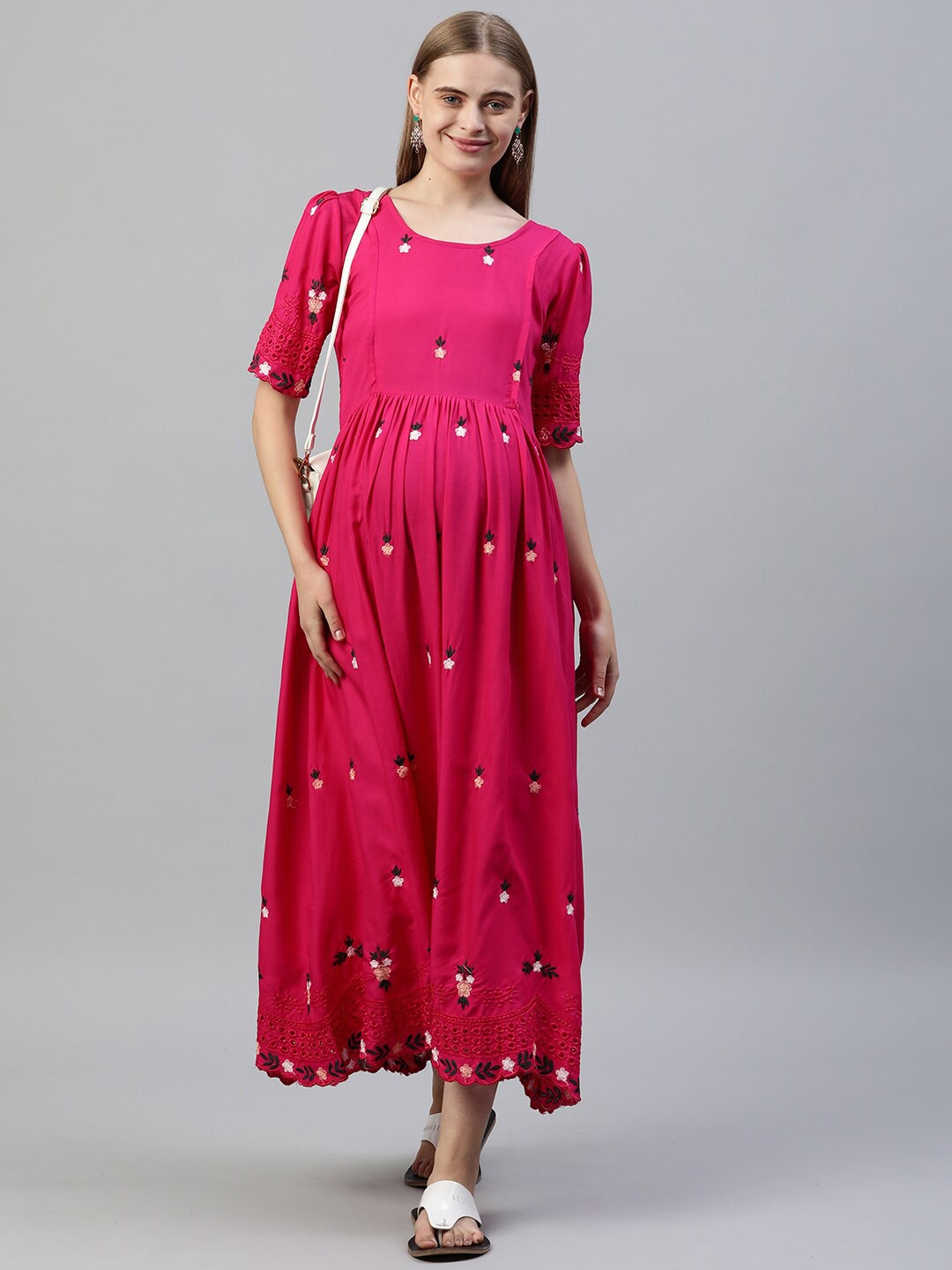 

Swishchick Floral Embroidered Gathered Midi A-Line Maternity Dress, Pink