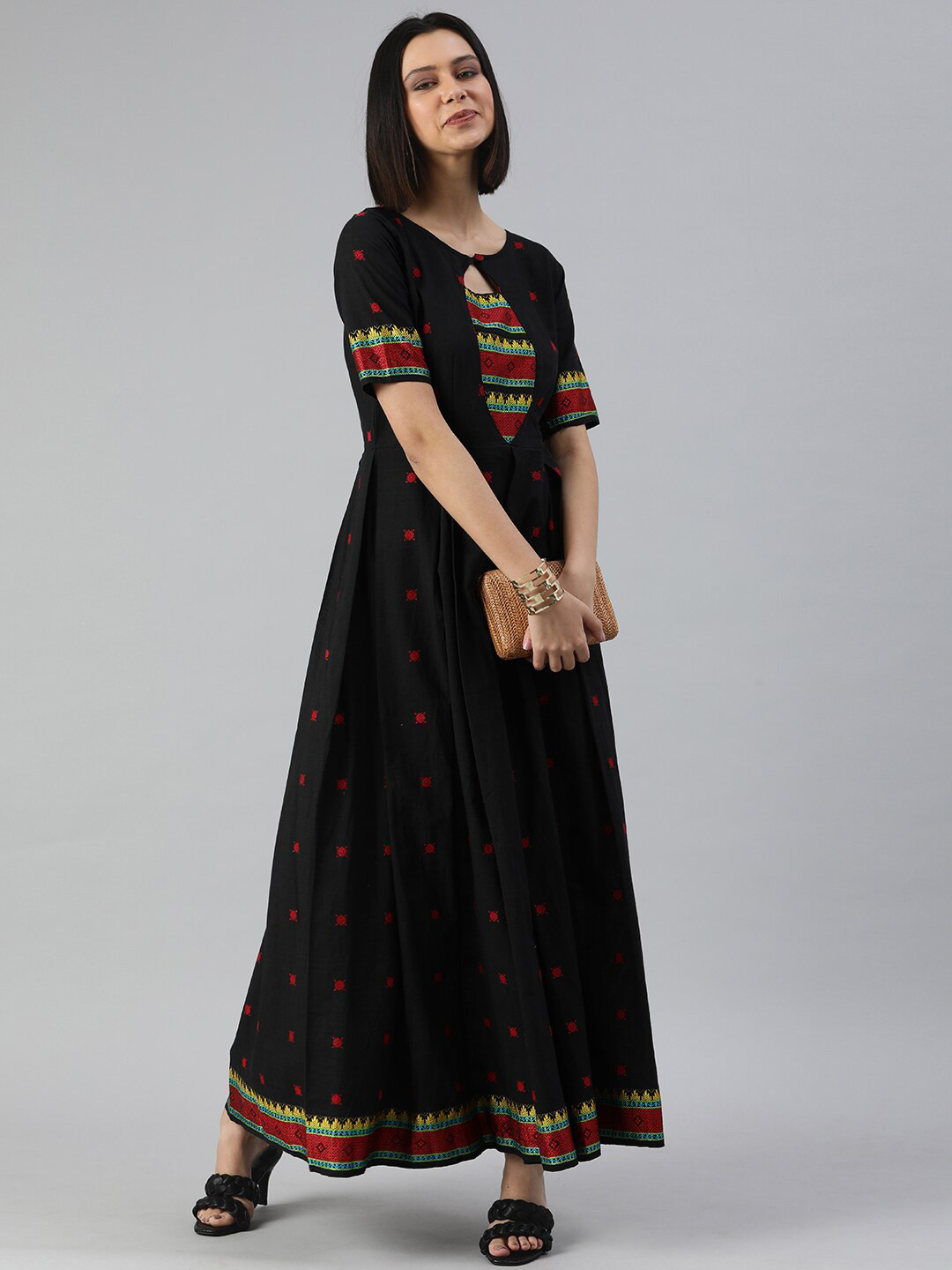 

Swishchick Ethnic Motifs Print Maxi Fit & Flare Dress, Black