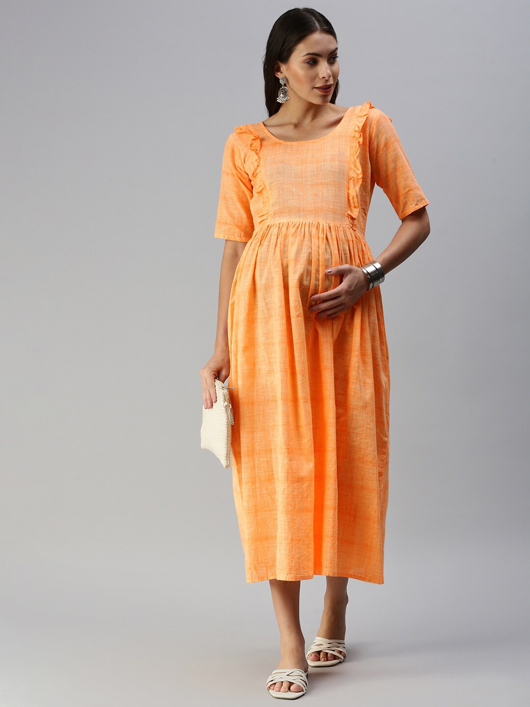 

Swishchick Ethnic Motifs Cotton Empire Maternity Dress, Orange