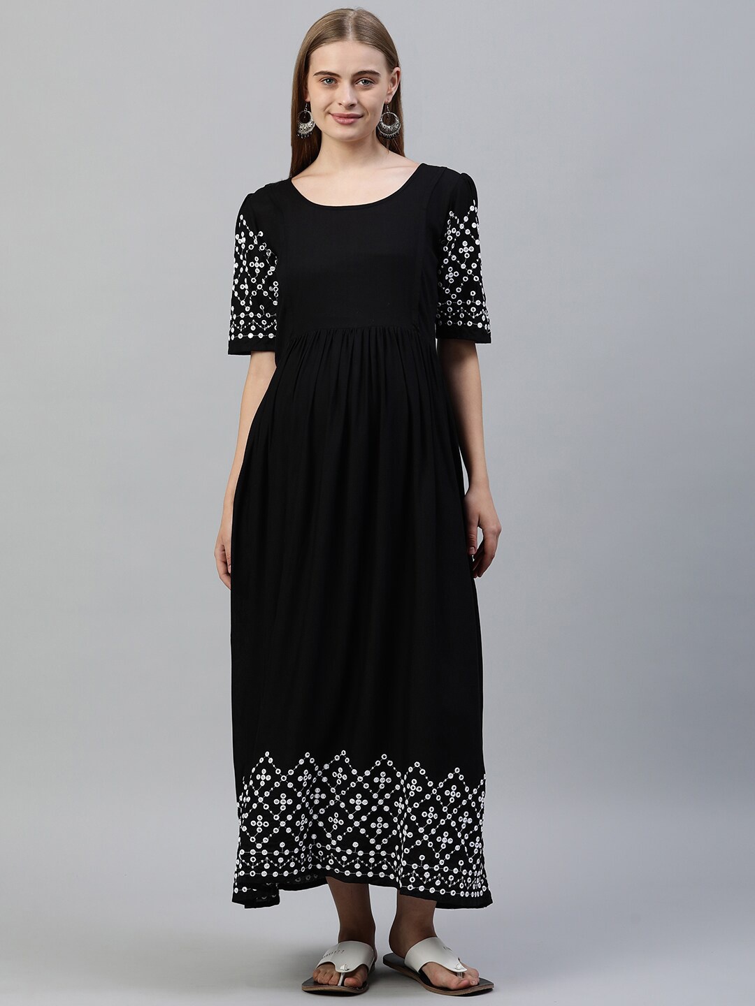 

Swishchick Embroidered Gathered Maxi Maternity A-Line Dress, Black
