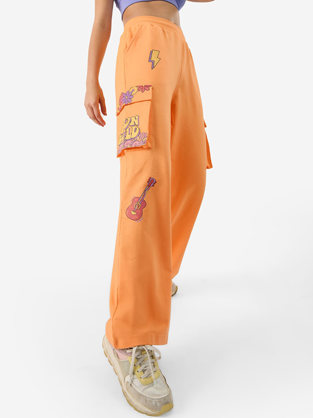

The Souled Store Women Graphic Printed Flared-Fit Track Pants, Orange