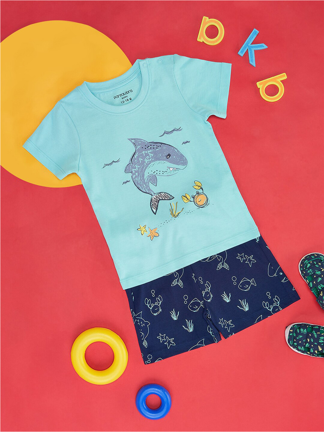 

Pantaloons Baby Infant Boys Graphic Printed Pure Cotton T-Shirt With Shorts, Blue