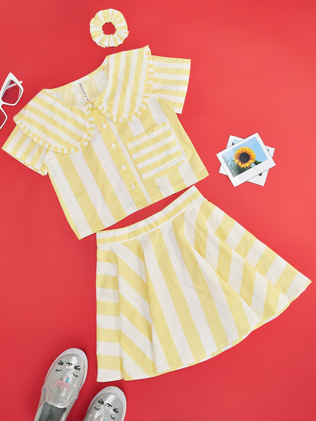 

Pantaloons Junior Girls Striped Keyboard Collar Pure Cotton Shirt with Skirt, Yellow