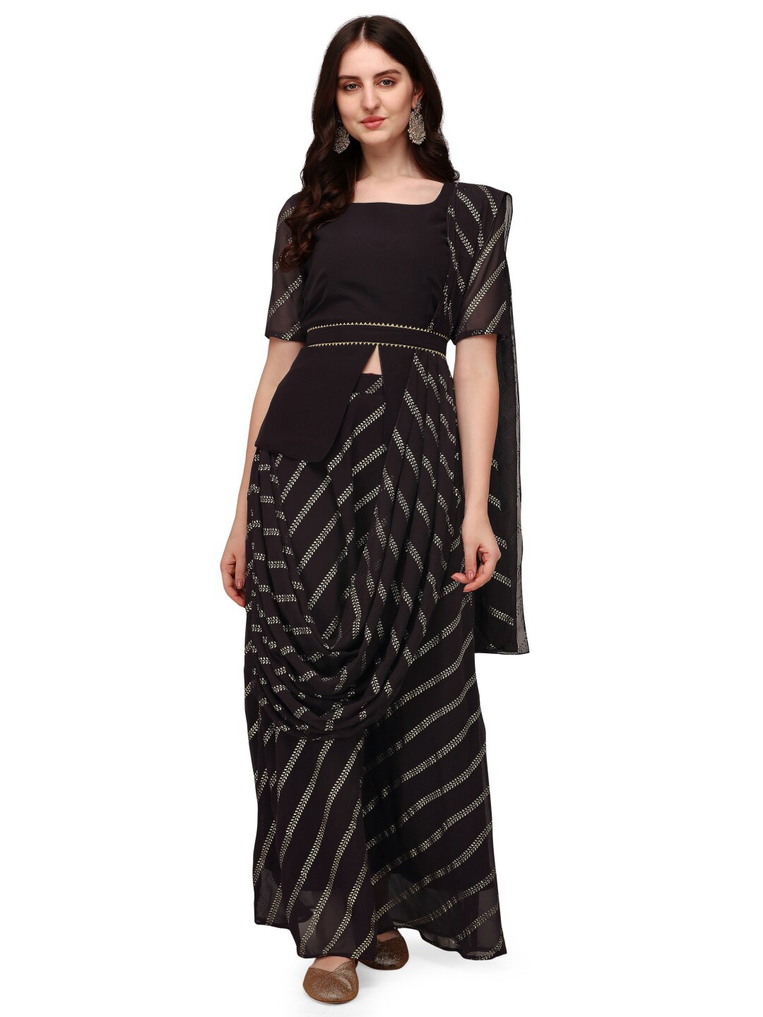 

FAB GALAXY Ethnic Motifs Gotta Patti Poly Georgette Ready to Wear Saree, Black