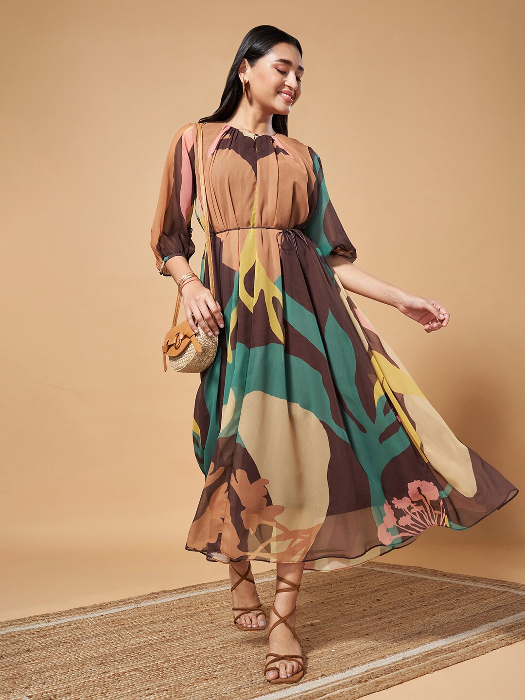 

Marigold Lane Abstract Printed Keyhole Neck A-Line Maxi Dress, Brown