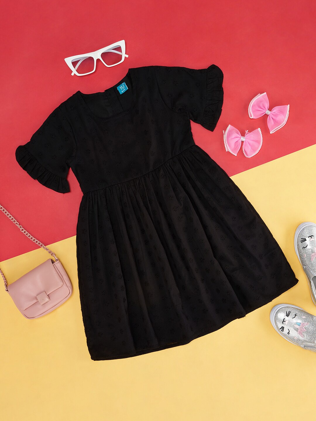 

YU by Pantaloons Girls Round Neck Bell Sleeves Fit & Flare Dress, Black