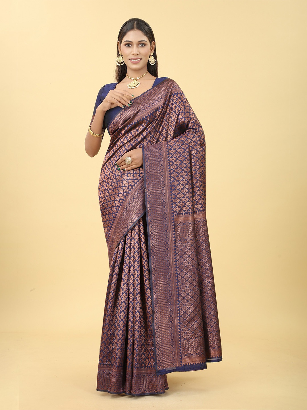 

Vrundavan ethics Ethnic Motifs Woven Design Zari Banarasi Saree, Navy blue