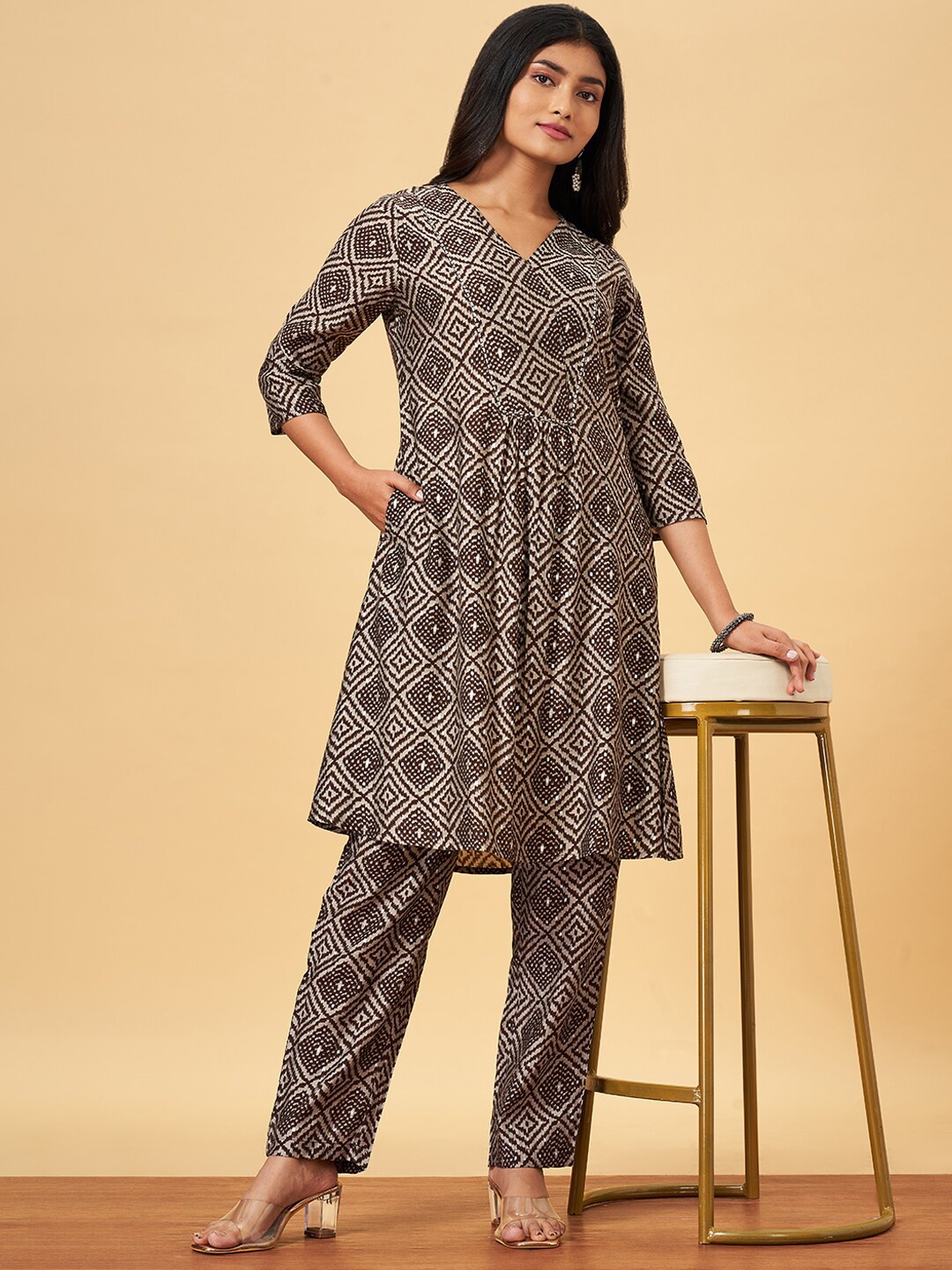 

YU by Pantaloons V-Neck Ethnic Motifs Print Fit & Flare Dress, Grey