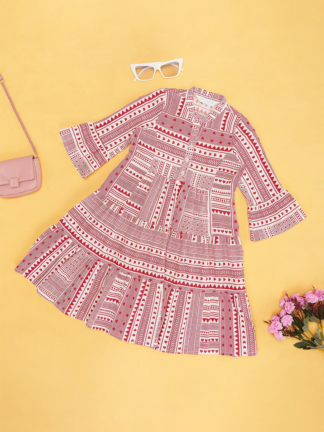 

AKKRITI BY PANTALOONS Girls Printed Bell Sleeve A-Line Dress, Red