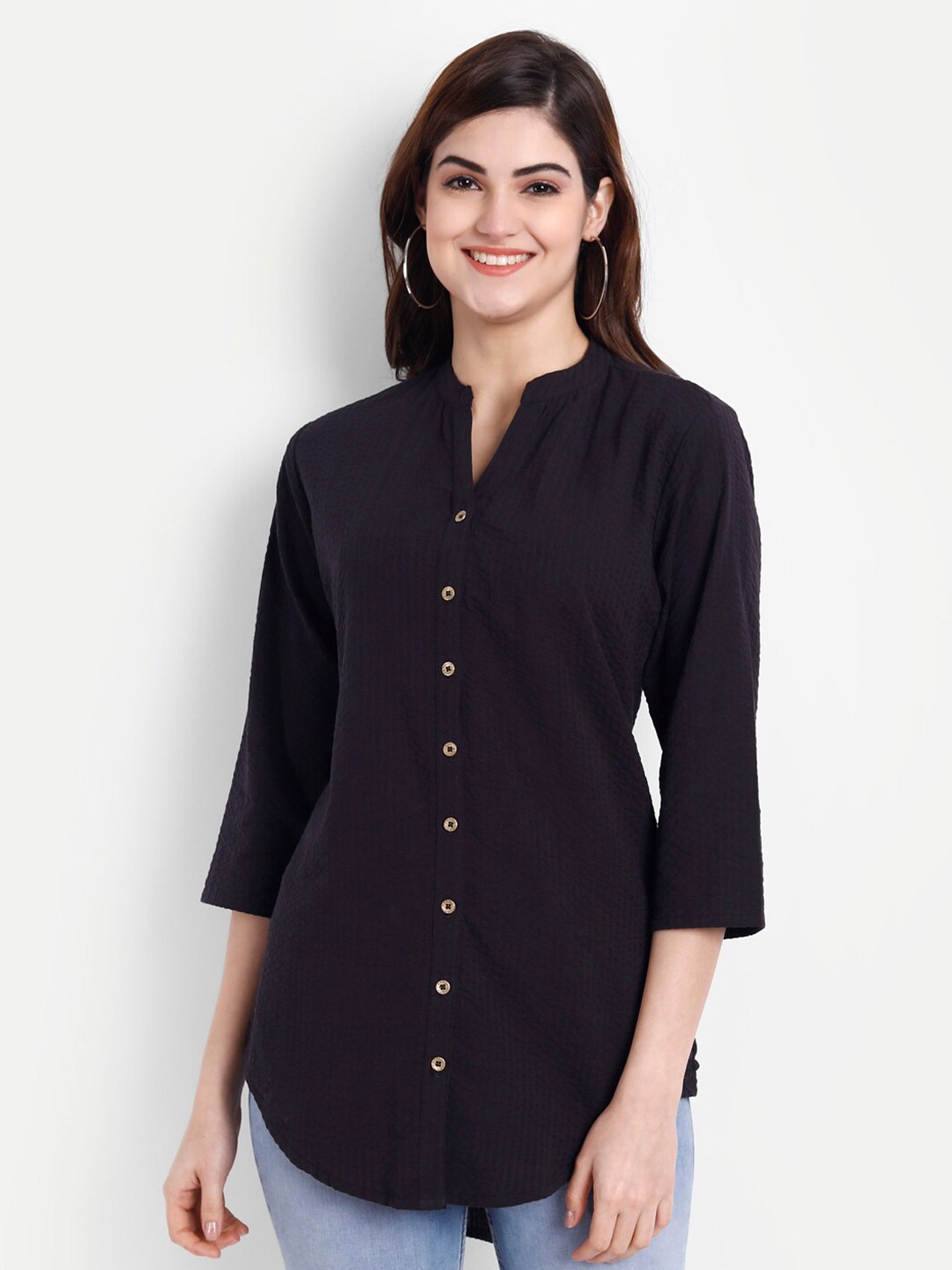 

SUTI Mandarin Collar Shirt Style Cotton Opaque Top, Black