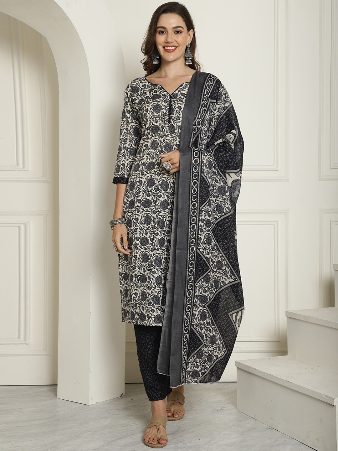 

Rajnandini Ethnic Motifs Printed Kurta & Trousers With Dupatta, Off white