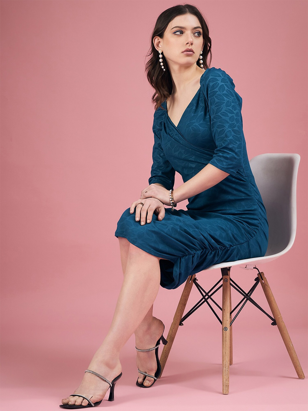 

DressBerry Blue Self Design V-Neck Puff Sleeve Dress