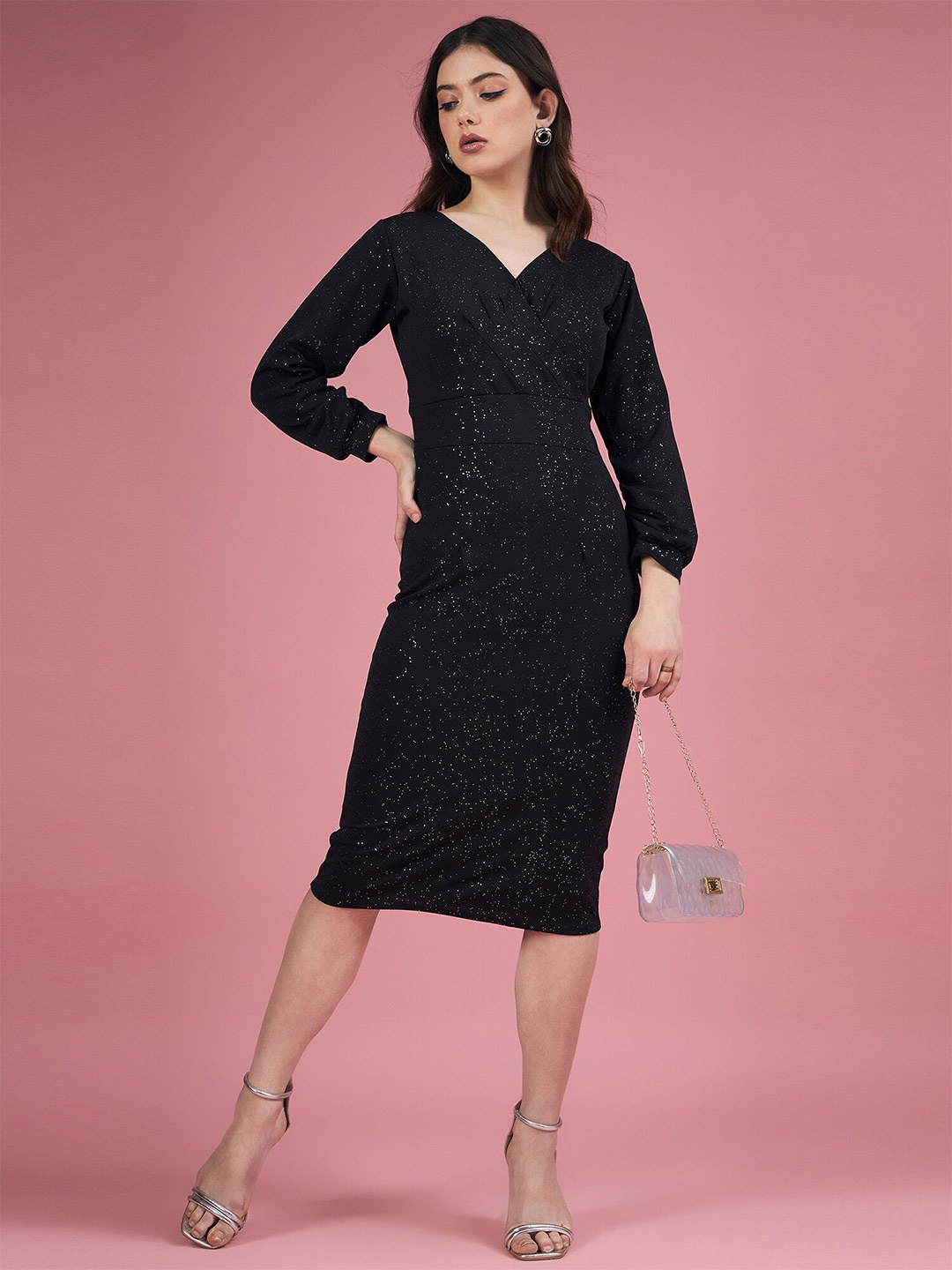 

DressBerry Black V-Neck Self Design Sheath Midi Dress