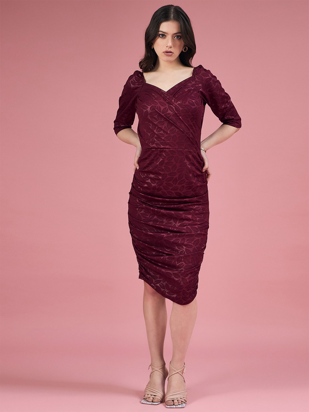 

DressBerry Red Self Design V-Neck Sheath Dress, Burgundy