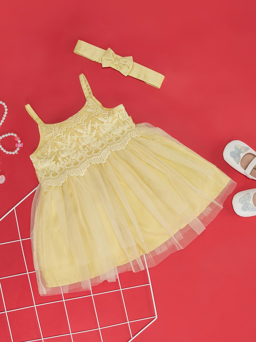 

Pantaloons Baby Kids-Girls Self Design Shoulder Straps Lace Inserts Fit & Flare Dress, Yellow