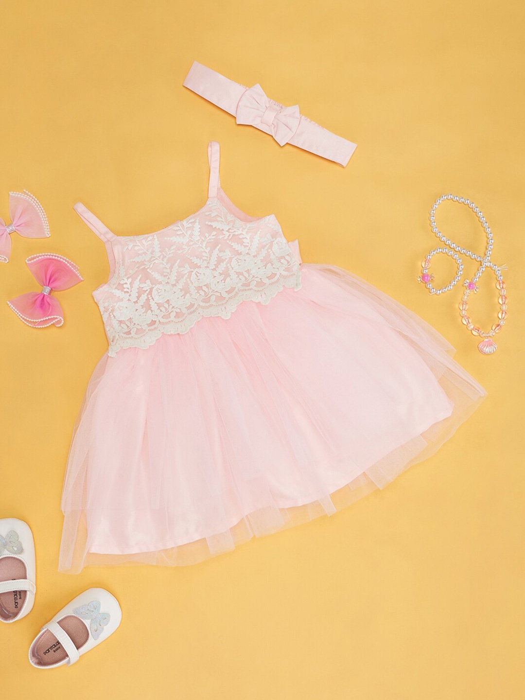

Pantaloons Baby Kids-Girls Self Design Shoulder Straps Lace Inserts Fit & Flare Dress, Pink