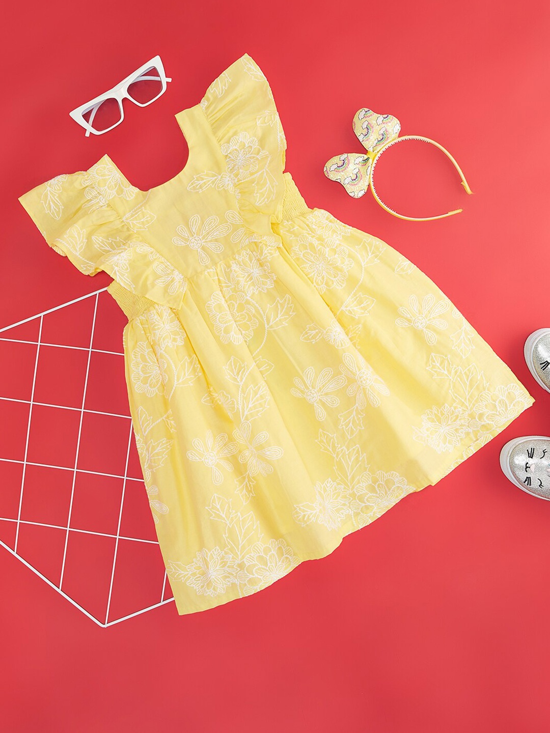 

Pantaloons Junior Girls Cotton Round Neck Flutter Sleeve A-Line Dress, Yellow