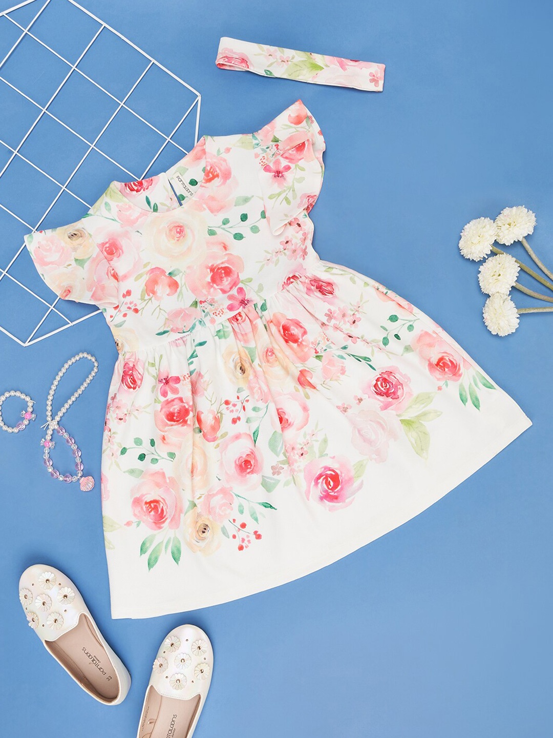 

Pantaloons Junior Kids-Girls Floral Printed Flutter Sleeve Fit & Flare Dress, White