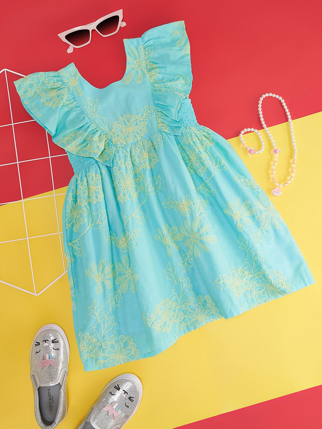 

Pantaloons Junior Kids Girls Floral Embroidered Cotton Fit & Flare Dress, Blue