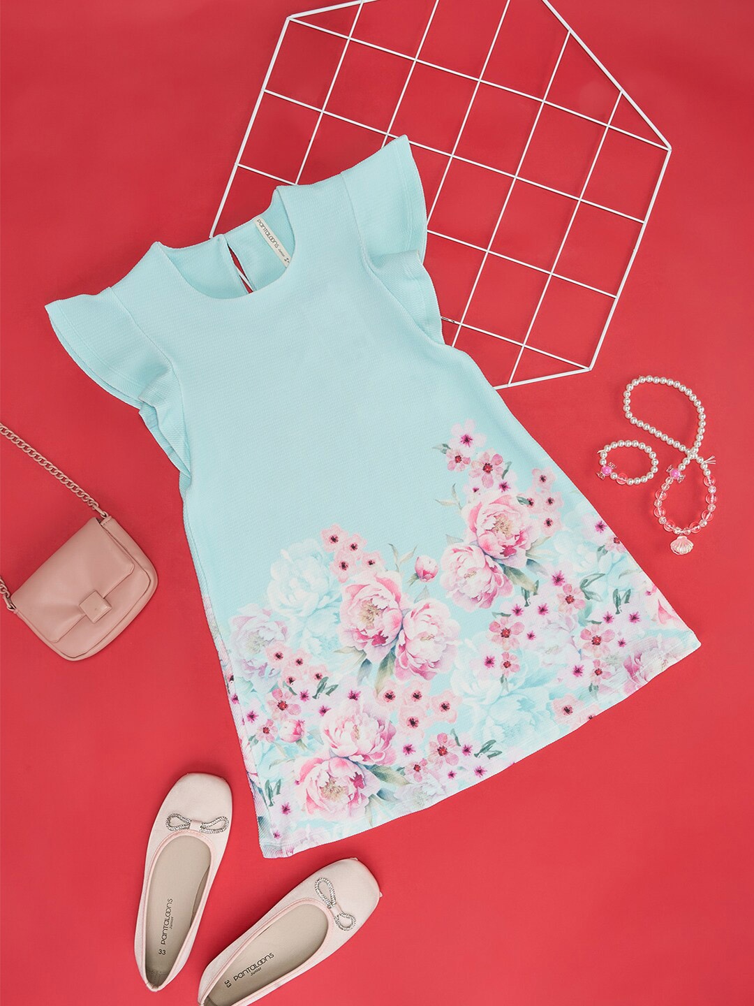 

Pantaloons Junior Kids Girls Floral Printed Flutter Sleeves A Line Dress, Blue